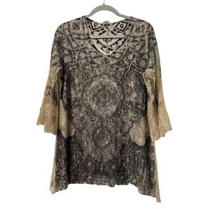 Brittany Black Womens Grunge Lace Dark‎ Boho Bell Sleeve Tunic 1X  Whimsical